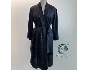 Black Satin Robe & Slip Set – Elegant Women’s Kimono Loungewear, Custom Color Silk Sleepwear