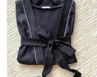 Black Satin Robe with Contrast Trim Women’s Sleepwear Elegant Lounge Kimono Bridesmaid Gift