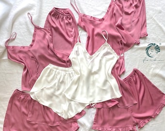Satin Cami Shorts Set Pink White Custom Color Bridesmaid Bridal Getting Ready Summer Pajamas