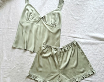 Olive Green Satin Cami Set, custom color Bridal, Bridesmaid Loungewear, Gift for Her