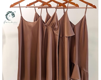Chocolate Brown Satin Slip Dress | Silky Cami Nightgown | Bridal Sleepwear | Bridesmaid Gift