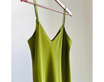 Green Satin Slip Dress | V-Neck Cami Nightgown in Brown, White, Orange Bridesmaid Wear