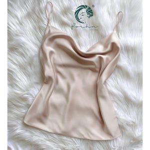 Satin Cowl Neck Camisole Top in Neutral Pink, Custom Colors, White, Beige, Gold, Blue | Double-Layered Satin Cami for Women, Bridesmaid Gift