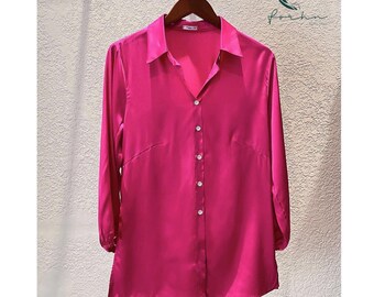 Pink Silky Satin Button Up Shirt Women Long Sleeve Office Blouse Elegant Workwear Top