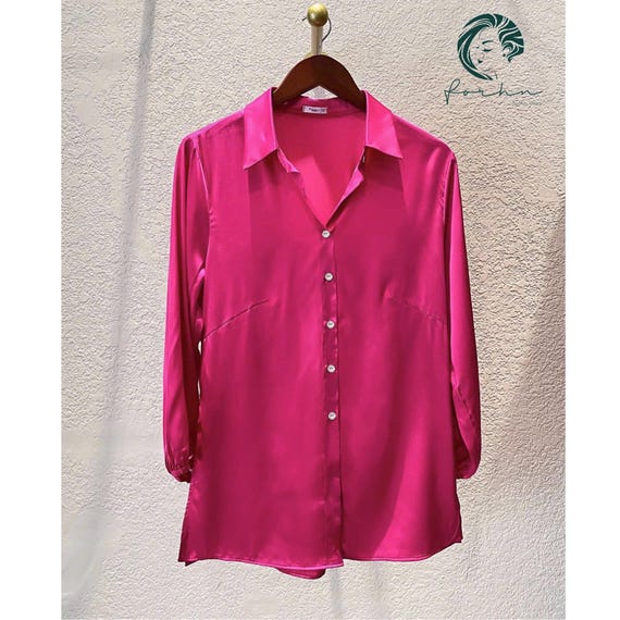 hot pink dress shirt women's Silky Satin Button Up Women Long Sleeve Office Blouse Elegant Workwear Top Velvet Off-Shoulder Midi Dress