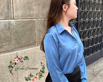 Blue Gray Satin Blouse | Long Sleeve Women’s Office Top | Elegant Workwear Satin Shirt