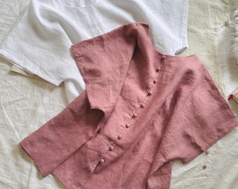 Handmade Natural Linen Blouse | Button Back Short Sleeve Top | Pink Linen Shirt for Women