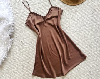 Brown Satin Slip Dress, Bridesmaid Bridal Wear Bias-Cut Satin Nightgown, Handmade in Vietnam
