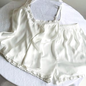 White Satin Cami & Shorts, Custom Bridesmaid Camisole Set - Silky Bridal Pajamas, Bachelorette Sleepwear| Julie