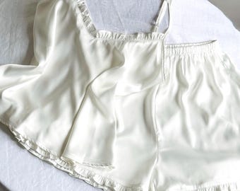White Satin Cami & Shorts, Custom Bridesmaid Camisole Set - Silky Bridal Pajamas, Bachelorette Sleepwear| Julie