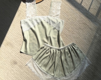 Lace Satin Cami Shorts Set in Olive Green, Bridal Pajamas Set, Bride & Bridesmaid Sleepwear