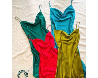 Satin Midi Dress in Green-Red-Blue Bridesmaid Dress, Holiday Party - Christmas Outfit For Her & Mom