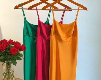 Silky Satin Slip Dress in Apricot, Burgundy | Round-Neck Cami Nightgown | Bridal & Bridesmaid Gift