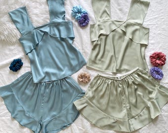 Satin Cami Pajama Set in Olive Green, Silky Sleepwear Women, Bridesmaid Gift, Elegant Loungewear