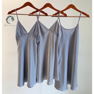 Gray Satin Slip Dress, Bias Cut Silk Nightie, 3 Elegant Styles, Silk-Feel Nightgown for Women – Bridesmaid & Bridal Sleepwear – Gift for Her