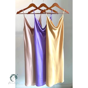Handmade Silk-Blend Satin Slip Dress: Cowl Neck Midi Gown