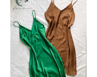Satin Slip Dress with Side Slit | Green Chocolate-Brown V-Neck Cami Dress, Bridal Bridesmaid Gift