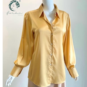 Satin Blouse, Office Blouse for Women| Long Sleeve Silk Shirt| Silk Button-Up Blouse| Women’s Workwear in Gold, Custom Colors - Gift for Her