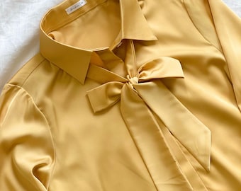 Yellow Silky Satin Blouse: Convertible Tie Neck, Custom Colors