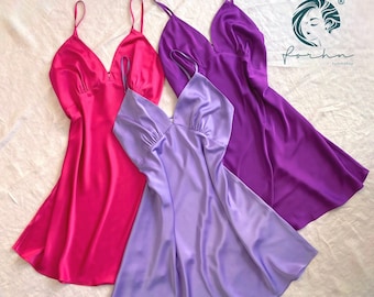 Satin Slip Dress: Purple, Lotus/Hot Pink - Cami Nightgown - Women's Sleepwear | Gift For Her