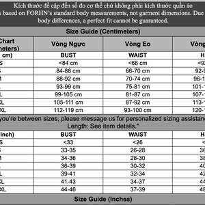 May include: A black and white size guide chart featuring two tables for body measurements in centimeters and inches. The chart lists sizes from XS to XXXL with corresponding bust, waist, and hip measurements, including text about FORHN sizing.