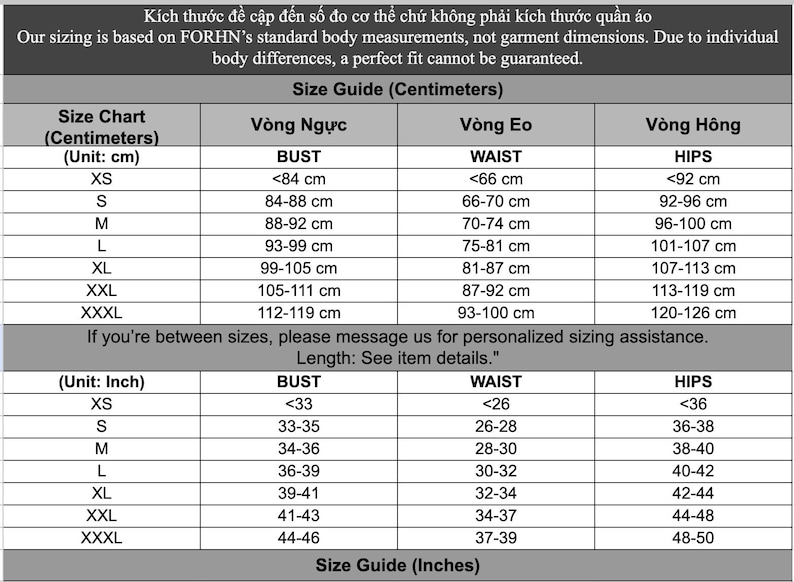 May include: A black and white size guide chart featuring two tables for body measurements in centimeters and inches. The chart lists sizes from XS to XXXL with corresponding bust, waist, and hip measurements, including text about FORHN sizing.
