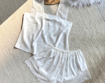 White Satin Lace Cami Shorts Set Bridal Pajamas Bride Getting Ready Outfit Comfy Loungewear