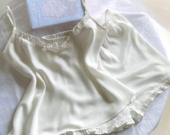 Satin Cami & Shorts in White, Pink, Custom Colors | Women's Loungewear, Summer Pajamas Set