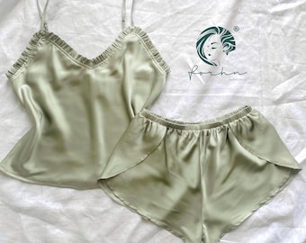 SANA Satin Camisole Set | Pastel Green Cami & Shorts | Custom Colors Bridesmaid And Bachelorette Pajamas