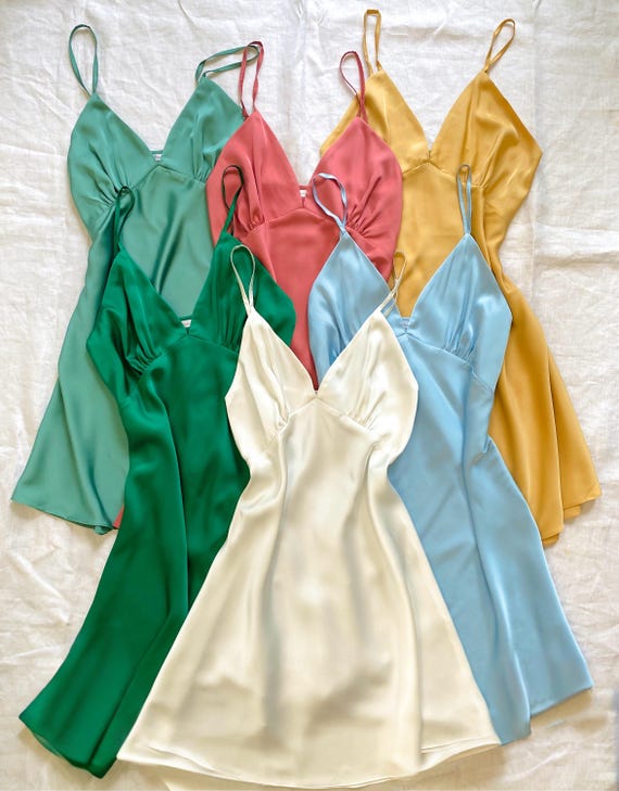 Handmade Satin Slip Dress | Bridal & Bridesmaid Cami Nightgown in White, Green, Blue, Pink, Gold