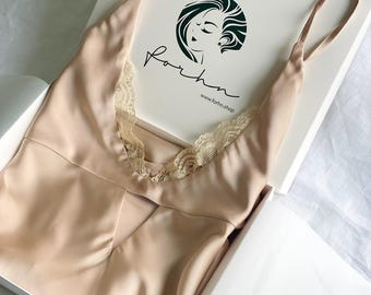 Lace Trim Silky Satin Slip Dress in Beige, White, Red | Romantic Nightgown, Bridal Lingerie