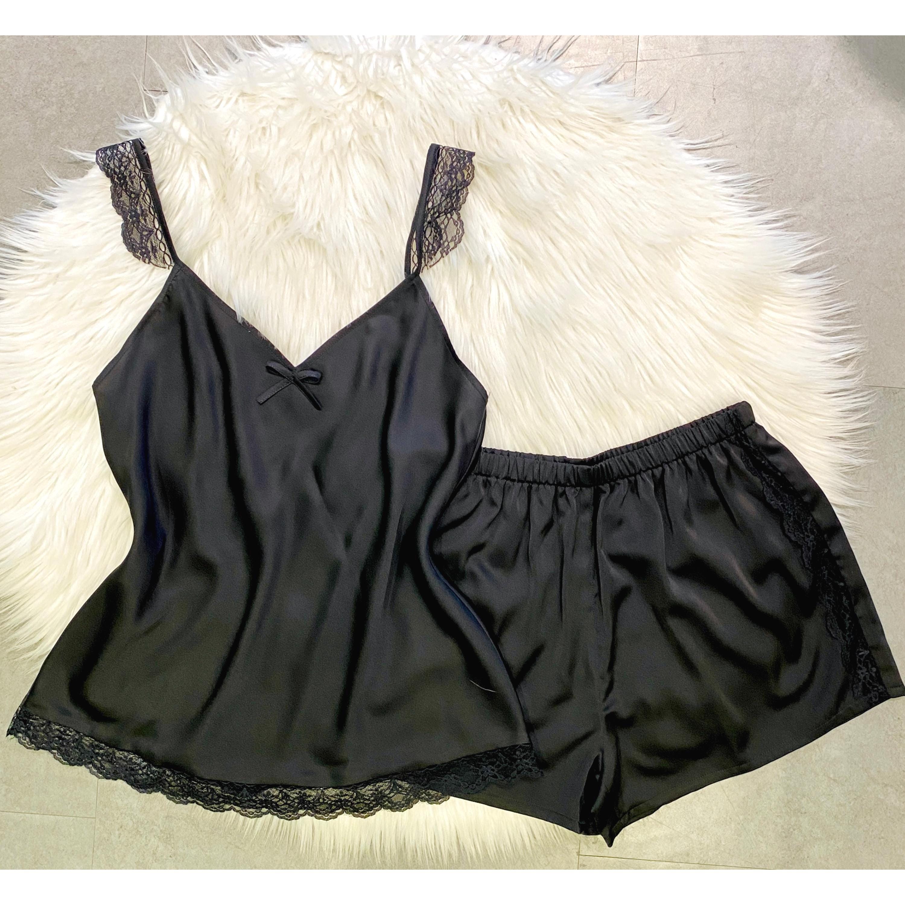 Black Lace Trim Satin Cami and Shorts | Camisole Pajamas Set