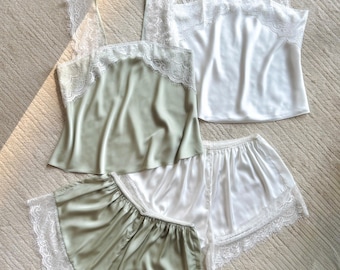 Lace Satin Cami Shorts Set in White & Custom Color | Bridesmaid Pajamas | Silky Sleepwear Gift
