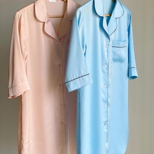 Pajama Nightgown for Women 3/4 Sleeve Button Down Nightwear Top Boyfriend Sleep Shirt| Gift for her Nightdress|Silk Nightshirt, Pajama Dress