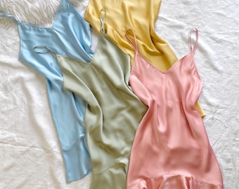 Silky Fishtail Mini Slip Dress V-Neck Satin Cami Nightgown Bridesmaid Gift Bridal Sleepwear