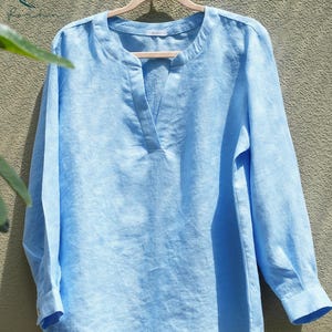 Blue Linen Blouse for Women, Long Sleeve V-Neck Linen Top, Loose Fit Summer Shirt, Custom Colors, White Linen Shirt for Women, Gift for Her