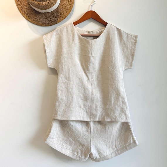 Natural Linen Pajama Set | Short Sleeve Top & Lounge Shorts | Summer Loungewear