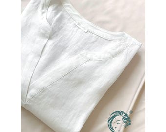 Handmade White Linen Blouse: Long Sleeve V-Neck Tunic Top | Women Linen Shirt, custom colors