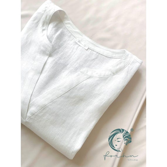 Handmade White Linen Blouse: Long Sleeve V-Neck Tunic Top | Women Linen Shirt, custom colors