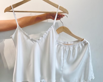 White Satin Pajama Set, Bridal Cami & Shorts, Bride Gift, Wedding Morning, Honeymoon, Summer Loungewear