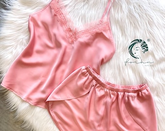 Satin Cami And Shorts: Lace Trimmed Pajamas, 5colors | Bridal Lingerie | Pink Satin Camisole Set