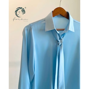 Satin Blouse in Blue, Custom Color: White, Teal, Gray - Tie Neck or Classic Collar | Long Sleeve Satin Shirt for Women| Office Workwear Top