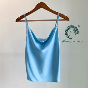 Silky Camisole Top: Double Layered | Satin Cowl Neck Top in Light Blue & Custom Colors