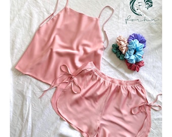 Pink Satin Cami and Shorts Set: Bridal Loungewear, Custom Colors For Bridesmaid | Romantic Pajamas