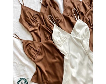 Chocolate Brown Satin Slip Dress Women's Sleepwear Bridesmaid & Bridal Wear Honeymoon Outfit Romantic Gift