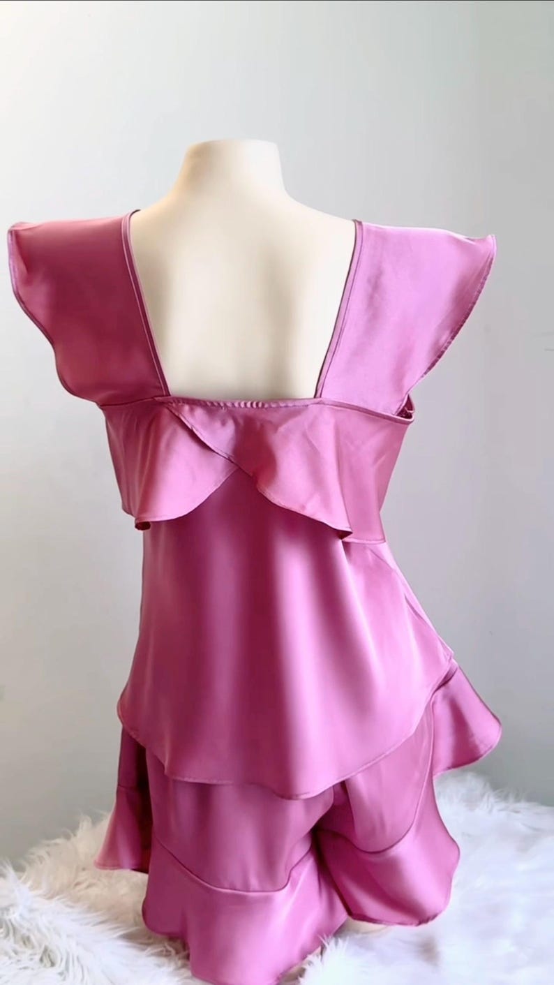 White Satin Sleepwear Ruffle Cami Shorts Set Bridal Pajama Custom Bridesmaid Gift image 10