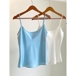 Silky Round Neck Satin Camisole Top in Light Blue, White custom colors: Silk-blend, Elegant Workwear Blouse