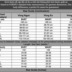 May include: A size chart in centimeters and inches, providing bust, waist, and hip measurements for XS to XXXL sizes. The chart includes measurements in inches and centimeters for each size, with text in Vietnamese and English.