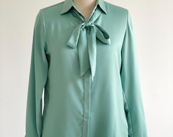 Mint Green, White Silky Blouse: Long Sleeve Tie-Neck Office Satin Shirt & custom colors