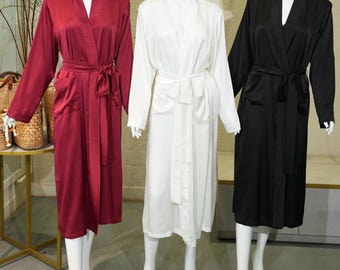 White, Burgundy Satin Kimono Robe | Long Bridal Dressing Gown in Custom Colors | Bridesmaid Robe